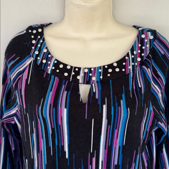 Rafaella purple stripe beaded keyhole neckline 3/4 sleeve cotton top size MP - Picture 3 of 11